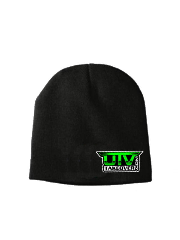 A black beanie with a green logo on the front.